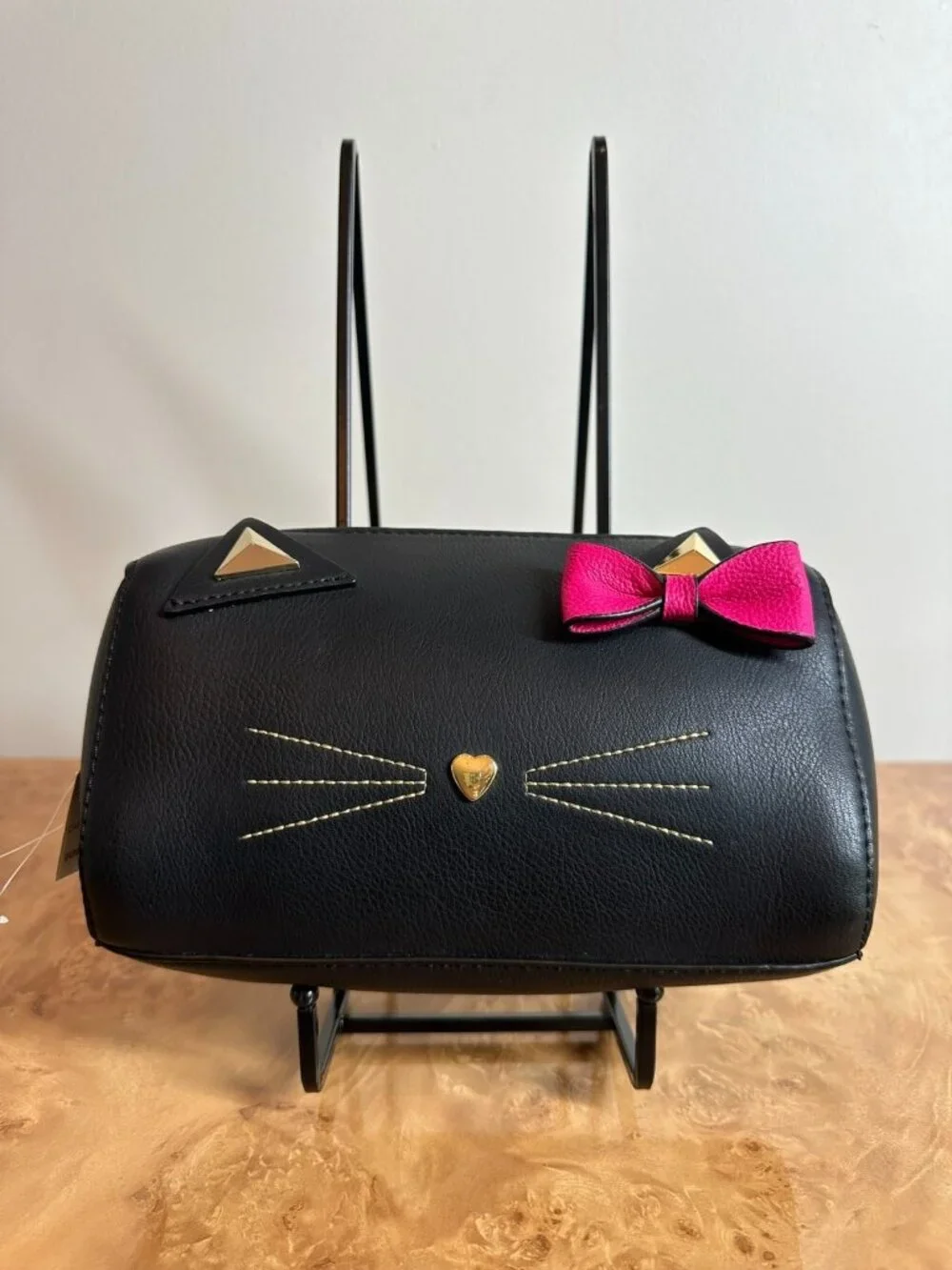 NWT Betsey Johnson Black Cat Faux Leather Cosmetic Travel Bag Pink Bow